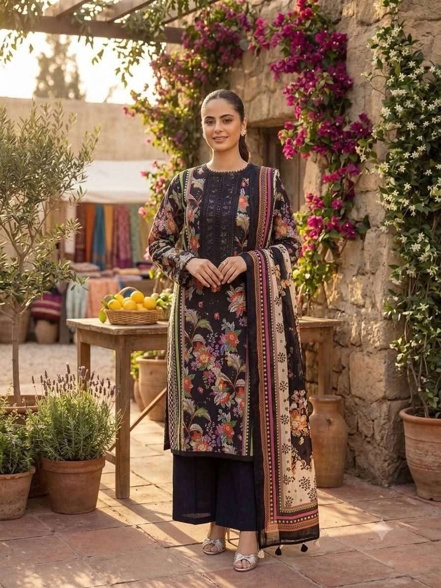 Model in a black floral embroidered suit in a sunlit stone courtyard with a basket of lemons