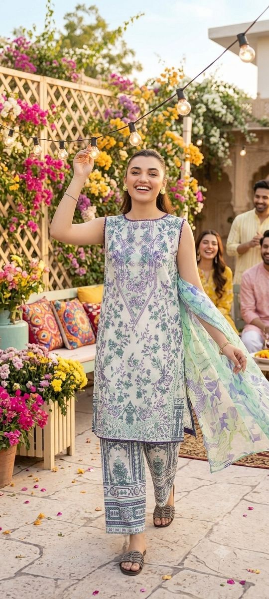 Model in a pastel green and lilac suit at a garden party strung with lights