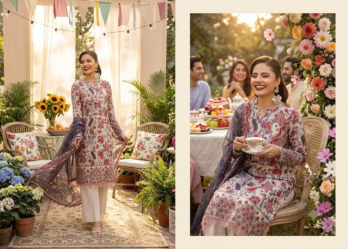 Model in an ivory floral suit at a garden tea party strung with bunting flags