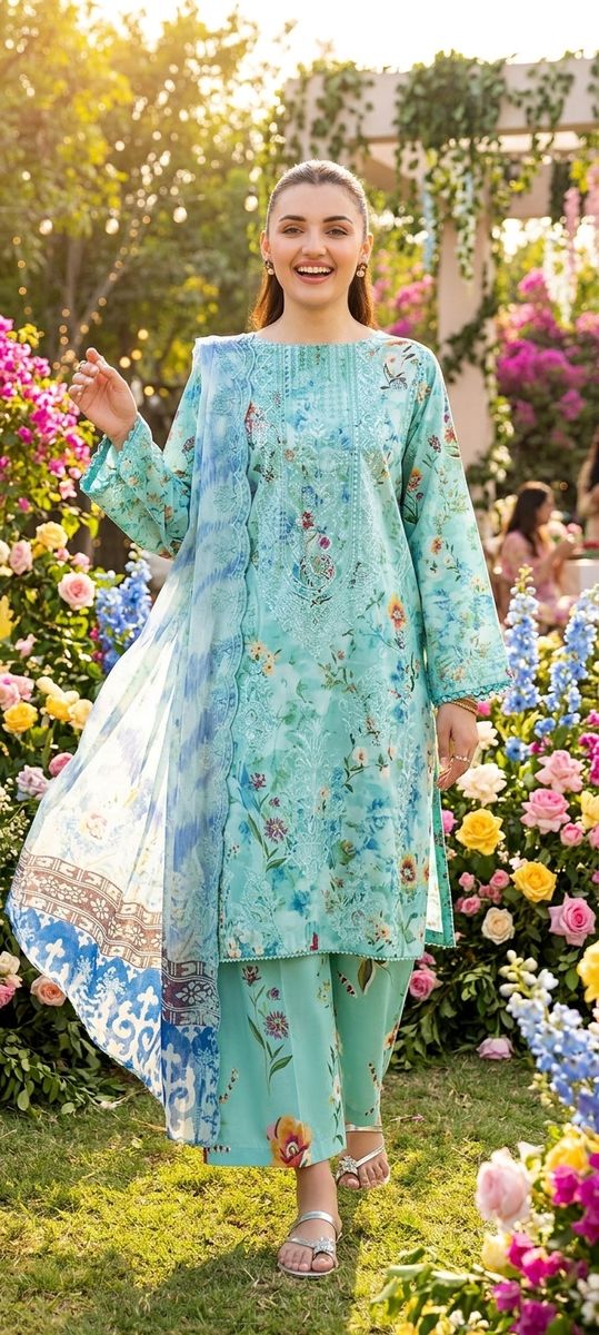 Model laughing in a mint green floral suit surrounded by garden flowers