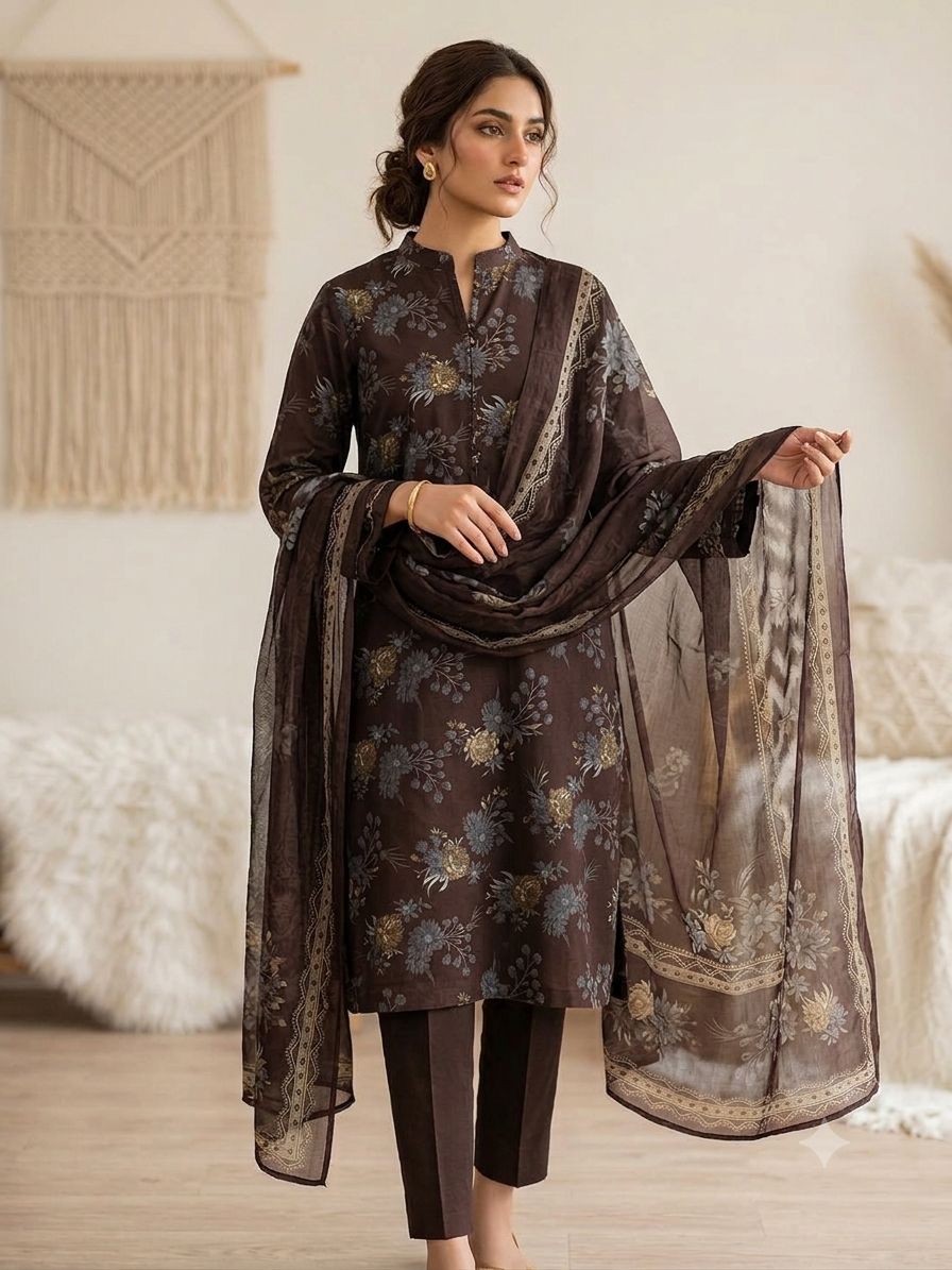 Portrait in a deep mocha brown floral embroidered suit