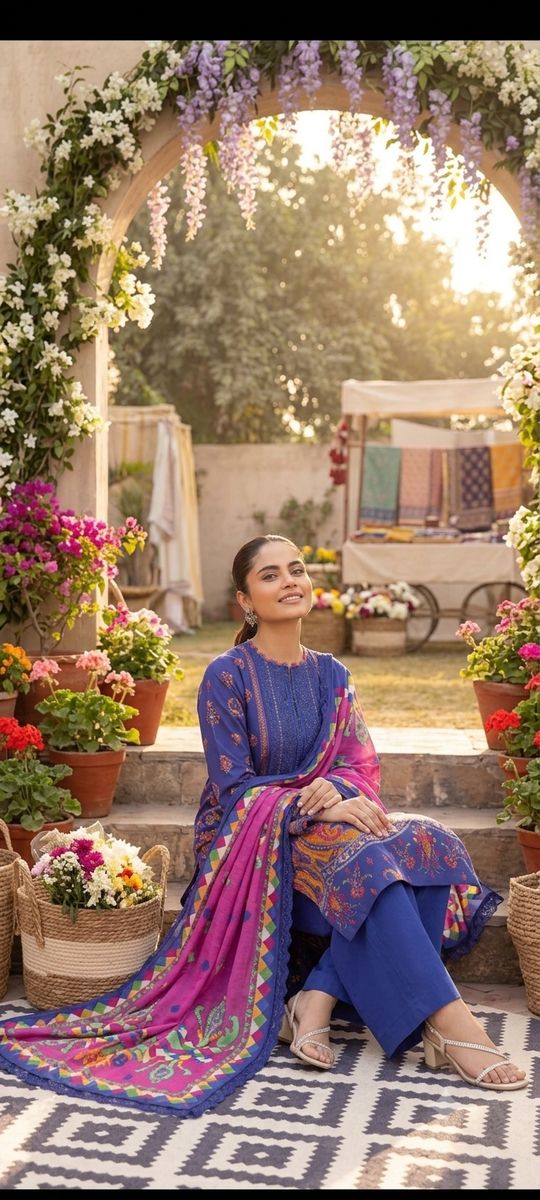 Model seated in a royal blue suit with a vivid multicolour dupatta at a flower archway