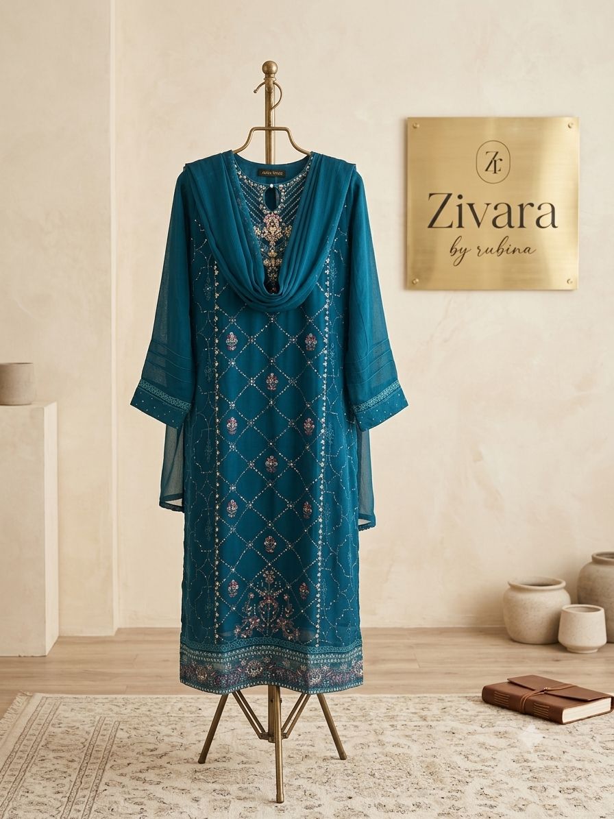 A teal embroidered suit on display beside the gold Zivara by Rubina nameplate in the studio
